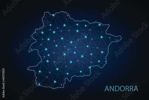 Map of Andorra from Polygonal wire frame low poly mash, contours network line, luminous space stars, design sphere, dot and structure. Vector Illustration EPS10. - Vector
