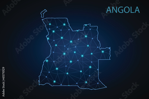 Map of Angola from Polygonal wire frame low poly mash, contours network line, luminous space stars, design sphere, dot and structure. Vector Illustration EPS10. 