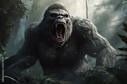 Photo Angry screaming gorilla king kong screaming in jungle, aggressive big monkey with open mouth and fangs in forest
