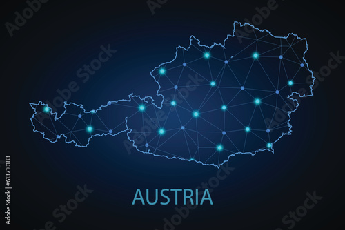 Map of Austria. Wire frame 3D mesh polygonal network line, design sphere, dot and structure. communications map of Austria.