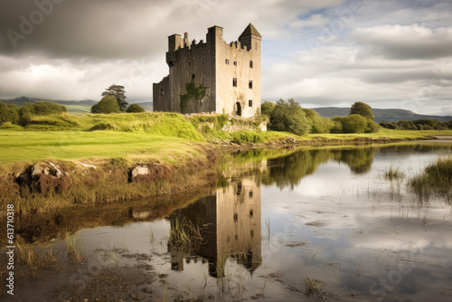 A castle sits next to a river in ireland