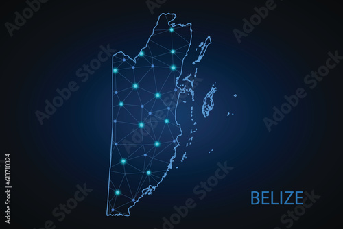 Map of Belize from Polygonal wire frame low poly mesh, contours network line, luminous space stars, design sphere, dot and structure. Vector Illustration EPS10.