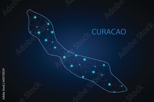 Map of Curacao from Polygonal wire frame low poly mesh, contours network line, luminous space stars, design sphere, dot and structure. Vector Illustration EPS10.