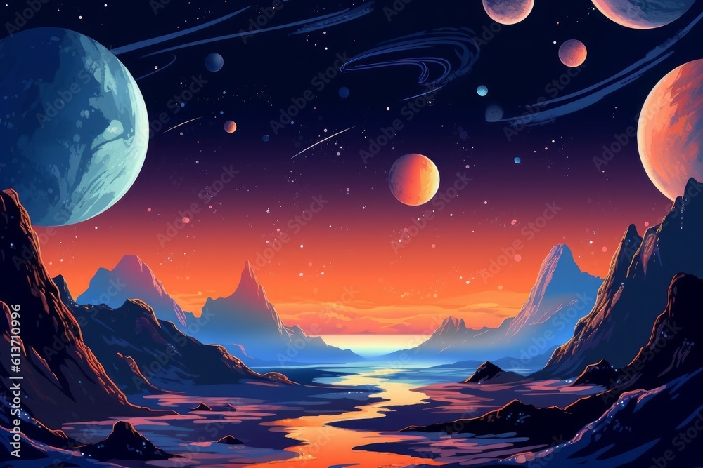 Fototapeta premium Interstellar wonders: An awe-inspiring illustration of the vast outer space, showcasing distant galaxies, sparkling stars, and mysterious celestial objects, inviting exploration Generative AI