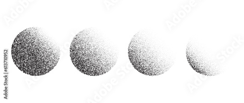 Set of textured gradient spheres. Black dotted circles collections. Stippled grain round elements pack. Fading noise gradient dotwork shapes. Stippled or halftone effect illustrations bundle. Vector 