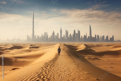 An impressive aerial perspective captures an unidentified individual strolling along an isolated road embraced by vast sand dunes, while the captivating Dubai Skyline graces the backdrop.Generative AI
