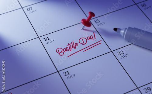 Happy Bastille day. July 14. close up words Bastille day written on a white Calendar photo