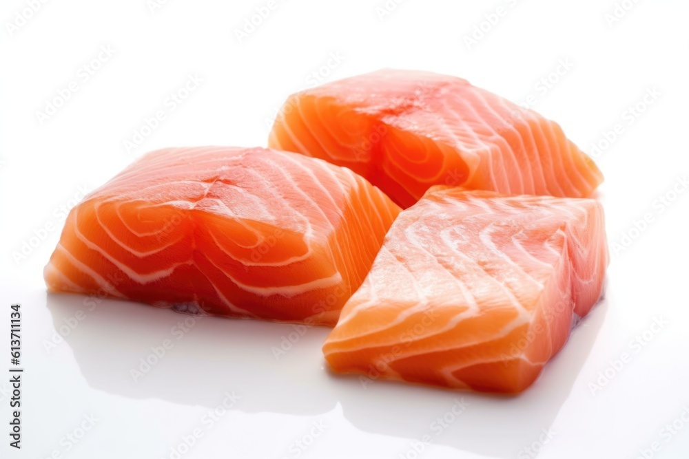 Salmon fillet photograph isolated on white background. Macro lens. Soft light.