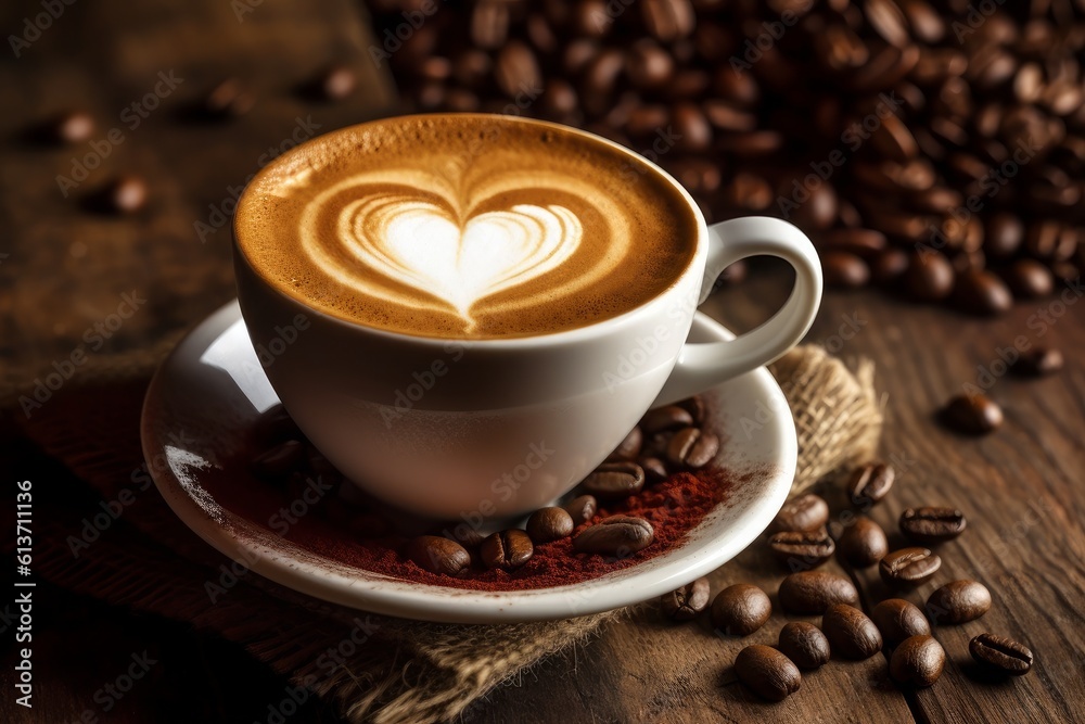 Fototapeta premium Cup of coffee latte with heart shape and coffee beans on old wooden background. Generative AI