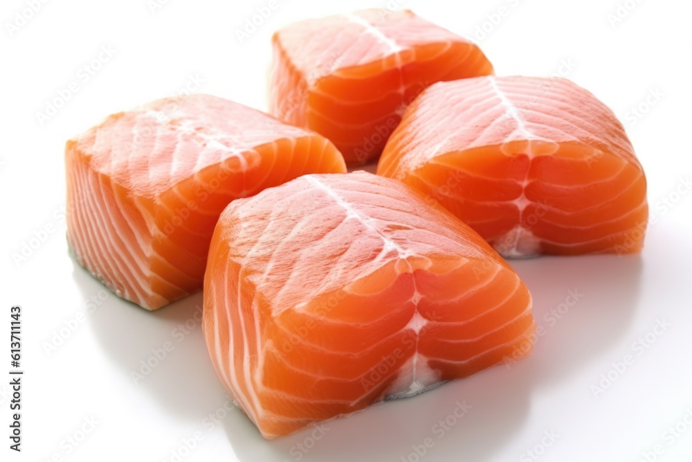 Salmon fillet photograph isolated on white background. Macro lens. Soft light. Salmon fillet photograph isolated on white background. Macro lens. Soft light.