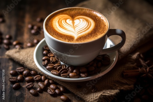 Cup of coffee latte with heart shape and coffee beans on old wooden background. Generative AI