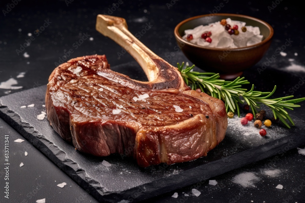 the photorealism of Grilled tomahawk steak on a slate plate with salt, pepper, and rosemary.