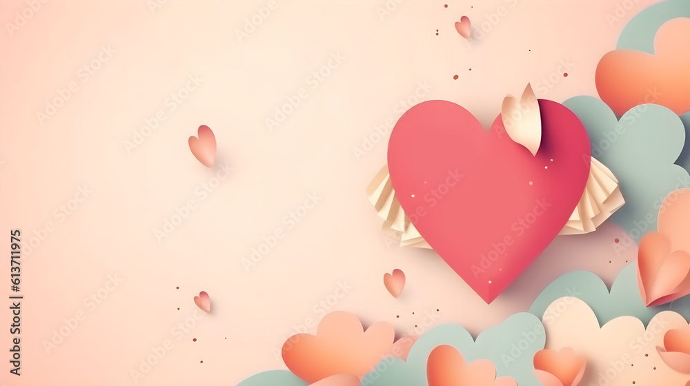 Pink template copy space heart shape or love shape and flower ornament design element. Valentines day, birthday, wedding anniversary, present or romantic couple greetings.  Generative AI technology.
