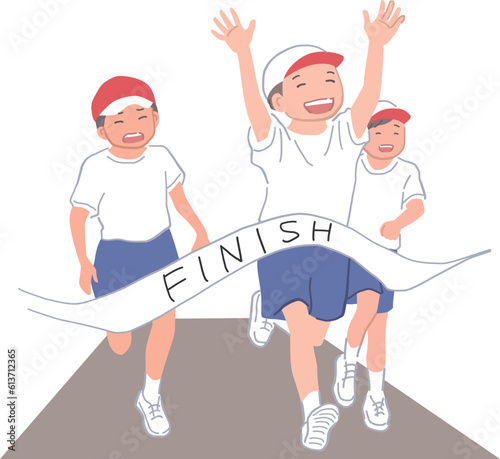 運動会の徒競走でゴールをする子どものイラスト素材