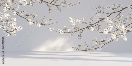 3d cherry blossom with nature light background for cosmetic, perfume and product presentation. 3d rendering illustration.