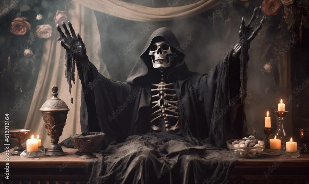 horror night halloween hood ghost creepy skeleton death evil fear. Generative AI.
