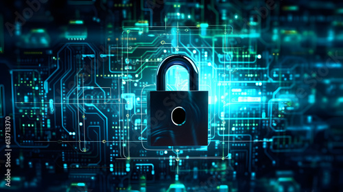 Lock on circuit pattern. Concept of data security and cybersecurity. AI generated