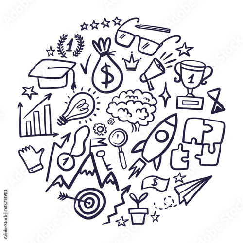 Round illustration of a collection of badges of business success and victory, hand-drawn in the style of doodles.