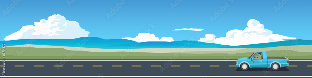 Cartoon transport travel for banner. Pickup car with driving for travel.  Asphalt road near the green meadow.  with mountain under blue sky and white clouds for background.