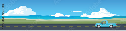 Cartoon transport travel for banner. Pickup car with driving for travel.  Asphalt road near the green meadow.  with mountain under blue sky and white clouds for background. © thongchainak