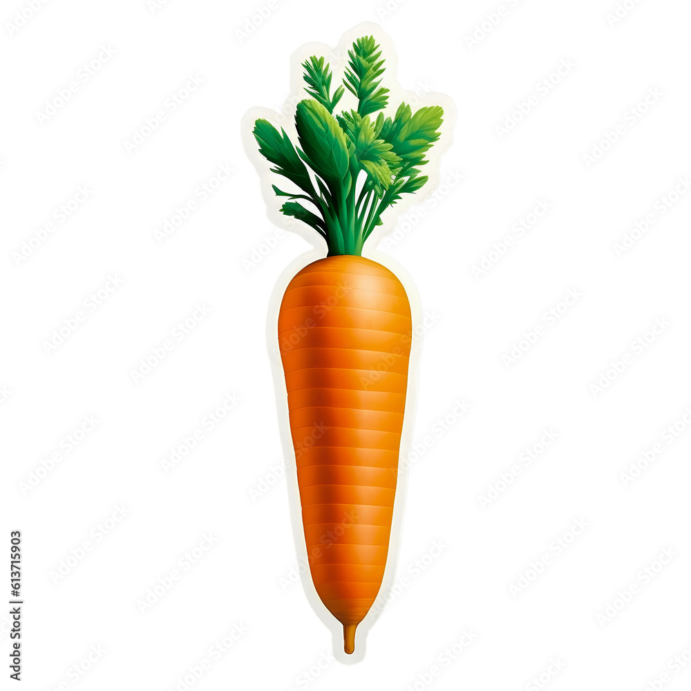 Orange carrot sticker with green leaves isolated on white background Orange carrot sticker with green leaves isolated on white background