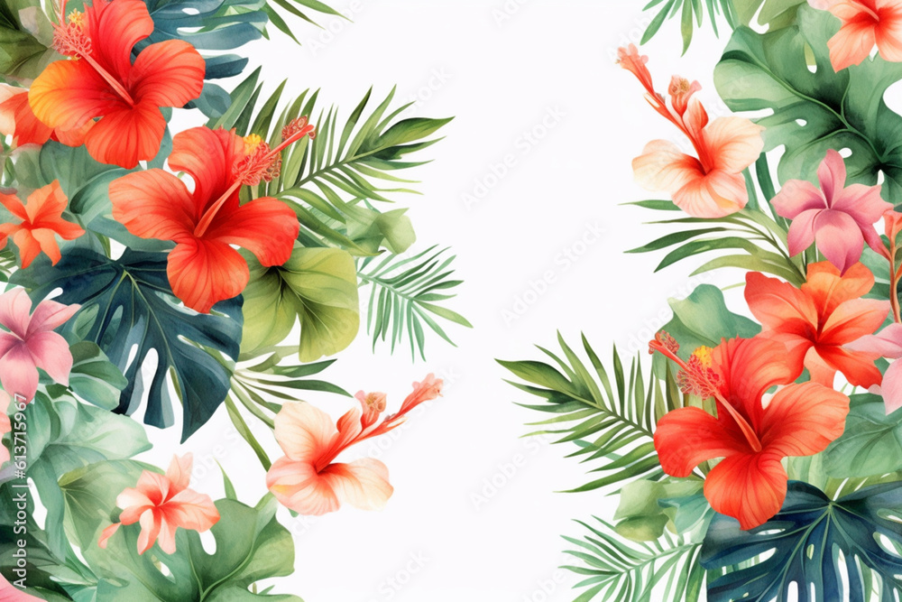 Watercolor hibiscus flowers , Floral and leaves background. AI-generated image
