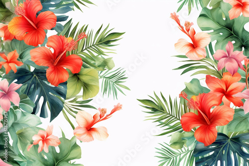 Watercolor hibiscus flowers   Floral and leaves background. AI-generated image