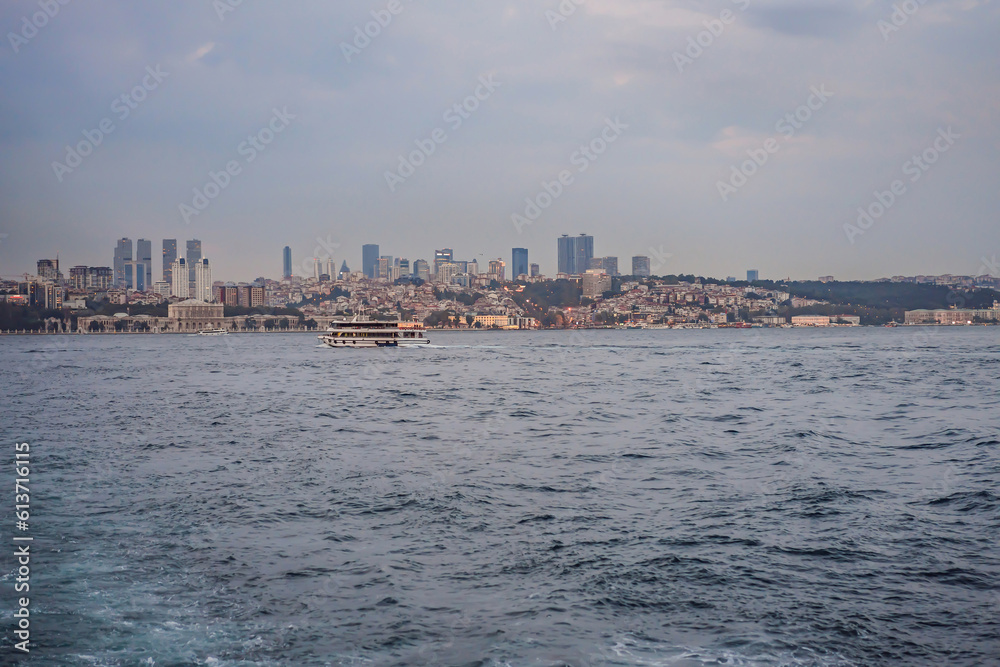 Muslim architecture and water transport in Turkey - Beautiful View touristic landmarks from sea voyage on Bosphorus