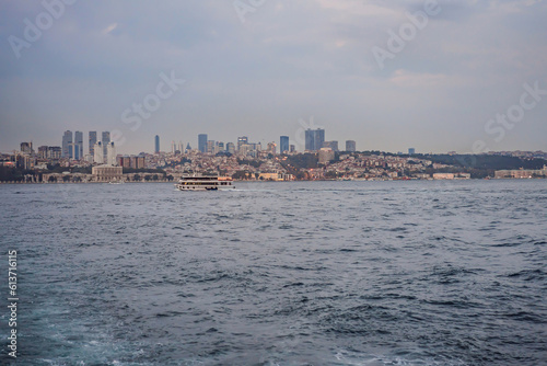 Muslim architecture and water transport in Turkey - Beautiful View touristic landmarks from sea voyage on Bosphorus