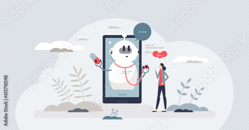 Chatbots in healthcare with health support and assistance tiny person concept. Digital doctor with patient treatment consultations, prescriptions specialist and smart modern tool vector illustration.