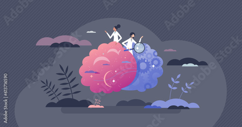 Neuropsychology as psychology and neurology research tiny person concept. Cognition and behavior study with neural and mental process interaction vector illustration. Thoughts and mind examination.