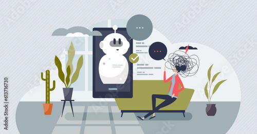Chatbots in psychotherapy with digital mental support tiny person concept. Psychology specialist as AI technology for automated depression, anxiety and stress assistance or help vector illustration.