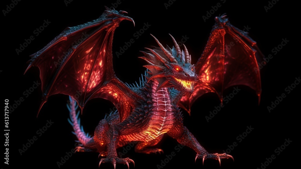 Dark red dragon with spread wings. Made with Generative AI.