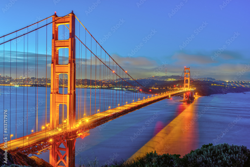 The iconic Golden Gate Bridge in San Francisco at twilight