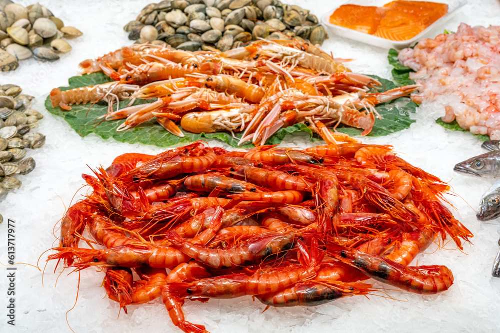 Fresh prawns for sale at a market in Barcelona Fresh prawns for sale at a market in Barcelona