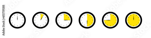 Set of timer. Stopwatch icons set. Countdown 0, 5, 15, 30, 45, 60 minutes. Timer symbol. Outline stopwatch icon. Alarm pictogram. Vector, Transparent background