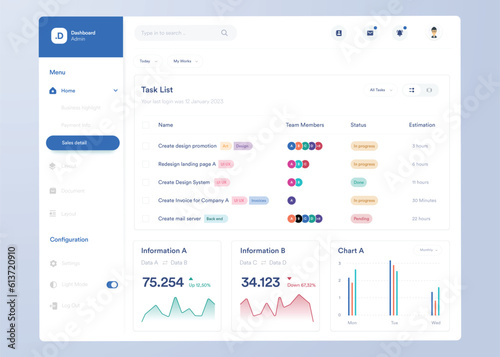Infographic dashboard. UI design with graphs, charts and diagrams. Web interface template for business presentation.