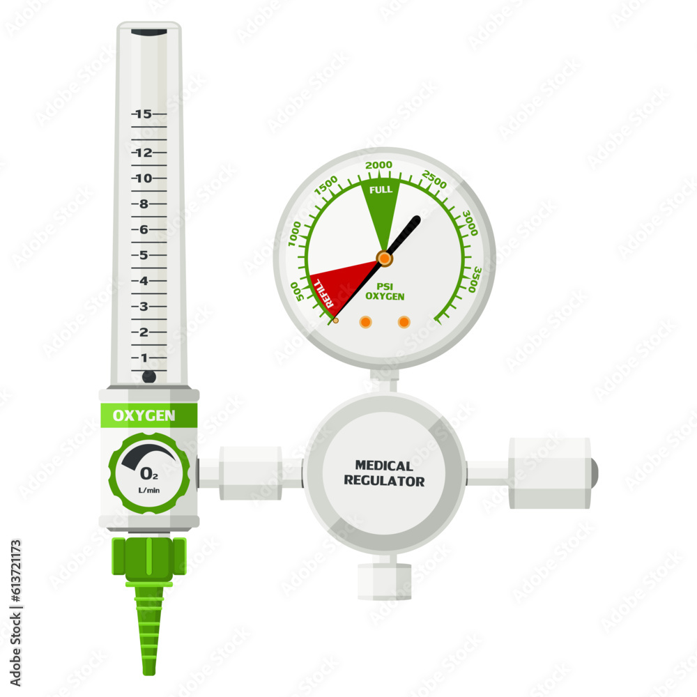 Medical equipment, regulator Oxygen Flow Meter wall mounted central pipeline gas system, supplying oxygen to patients. Flat design Medical equipment, regulator Oxygen Flow Meter wall mounted central pipeline gas system, supplying oxygen to patients. Flat design