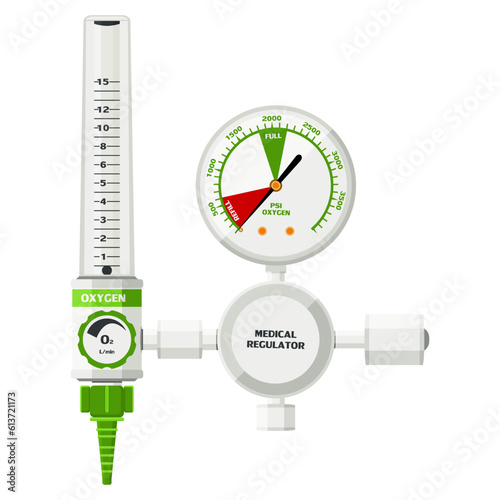 Medical equipment, regulator Oxygen Flow Meter wall mounted central pipeline gas system, supplying oxygen to patients. Flat design