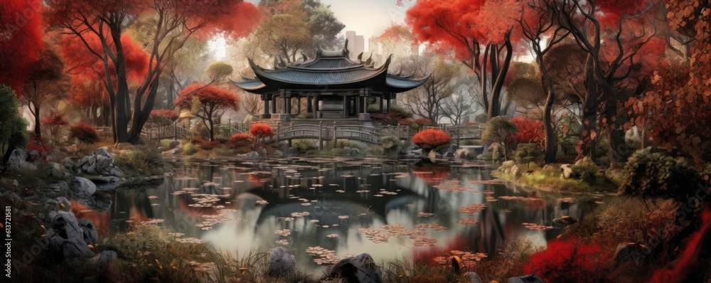Japanese pagoda in fall and autumn digital painting 