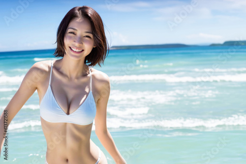 ビーチでビキニを着てカメラ目線で笑顔の日本人女性  © PhotoSozai