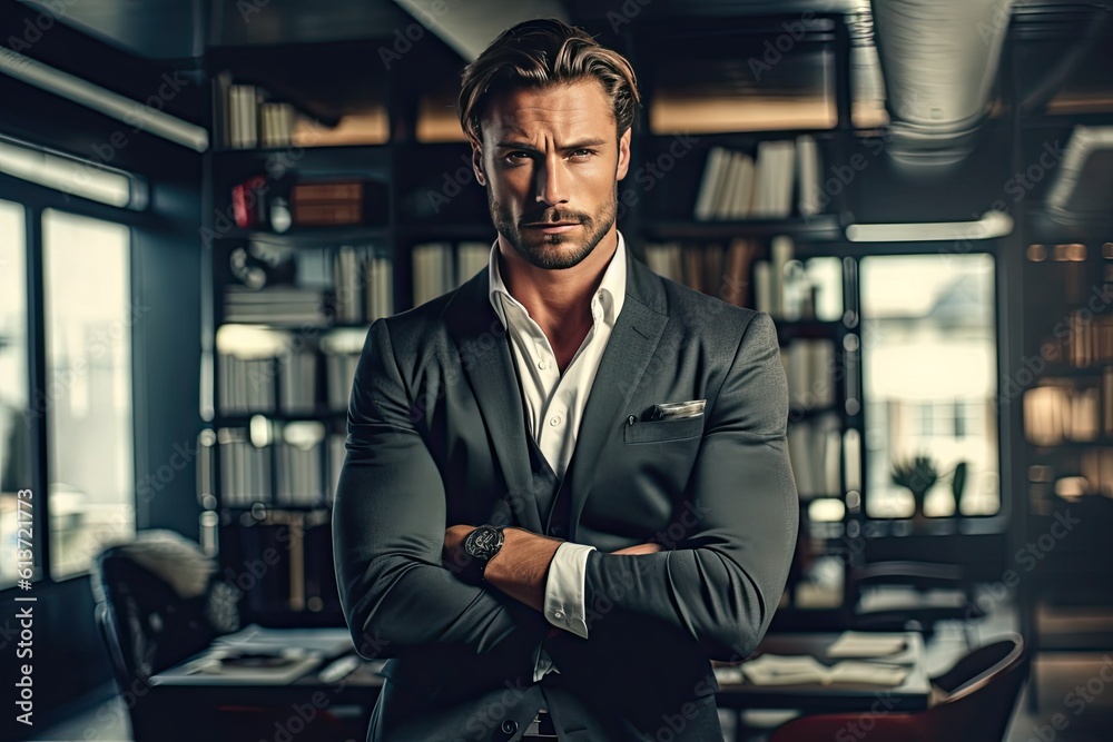 Serious businessman looking at camera and keeping arms crossed while standing in office Serious businessman looking at camera and keeping arms crossed while standing in office