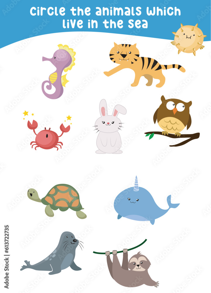 Fototapeta premium Circle the animals which live in the sea. Circle the sea animals on the page. Fun educational worksheet for kindergarten and preschool children. Printable activity kit for children. Vector file.