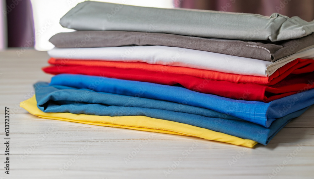 stack of colorful clothes, White table , blue, red, yellow, white, gray, brown, black, unstitched fabrics clothes top on table, Blurred white background, Ai Generate stack of colorful clothes, White table , blue, red, yellow, white, gray, brown, black, unstitched fabrics clothes top on table, Blurred white background, Ai Generate
