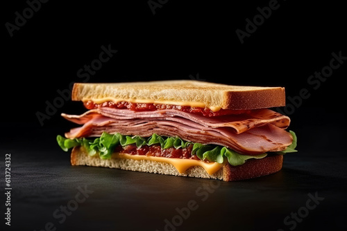 Fresh delicious sandwich isolated on dark background. Created with Generative AI Technology