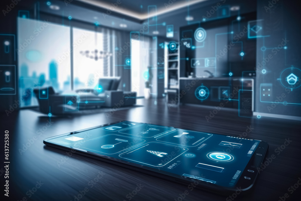 Modern smart home management system using augmented reality , Smart building with the application system , The smart home is isolated background , Created with generative AI Modern smart home management system using augmented reality , Smart building with the application system , The smart home is isolated background , Created with generative AI
