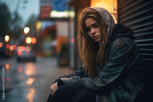 Homeless woman drug and alcohol addict sitting alone and depressed on the street feeling anxious and lonely, social documentary