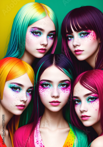 Fashion portrait of a beautiful girls with multi colored hair on bright background. Generative AI.