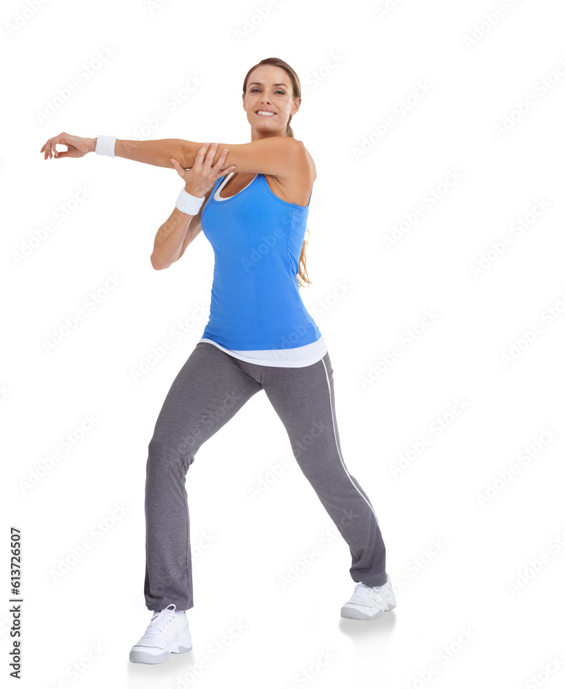 Portrait, training and stretching with a sports woman isolated on a transparent background for health. Exercise, preparation and warm up with a female athlete getting ready for fitness on PNG Portrait, training and stretching with a sports woman isolated on a transparent background for health. Exercise, preparation and warm up with a female athlete getting ready for fitness on PNG