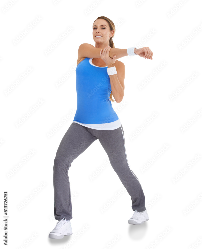 Portrait, exercise and stretching with a sports woman isolated on a transparent background for health. Fitness, preparation and warm up with a female athlete getting ready for training on PNG Portrait, exercise and stretching with a sports woman isolated on a transparent background for health. Fitness, preparation and warm up with a female athlete getting ready for training on PNG